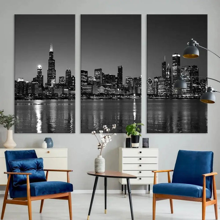 The Chicago Wall Art Canvas Print, a black and white triptych of a city skyline, adorns the space. This museum-quality canvas art arrives ready to hang, effortlessly merging sophistication with contemporary design.