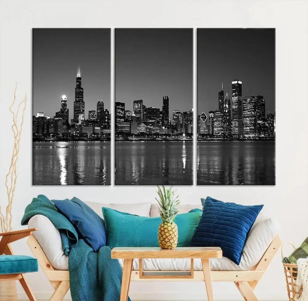 The Chicago Wall Art Canvas Print, a black and white triptych of a city skyline, adorns the space. This museum-quality canvas art arrives ready to hang, effortlessly merging sophistication with contemporary design.