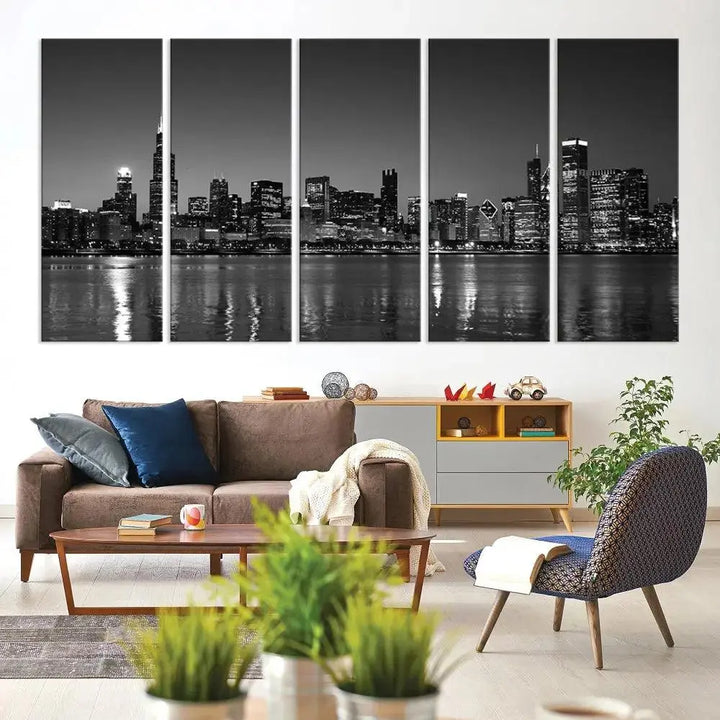 The Chicago Wall Art Canvas Print, a black and white triptych of a city skyline, adorns the space. This museum-quality canvas art arrives ready to hang, effortlessly merging sophistication with contemporary design.