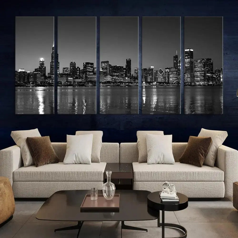 The Chicago Wall Art Canvas Print, a black and white triptych of a city skyline, adorns the space. This museum-quality canvas art arrives ready to hang, effortlessly merging sophistication with contemporary design.