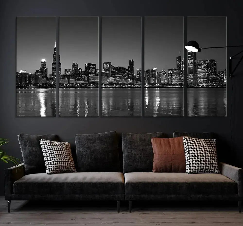 The Chicago Wall Art Canvas Print, a black and white triptych of a city skyline, adorns the space. This museum-quality canvas art arrives ready to hang, effortlessly merging sophistication with contemporary design.