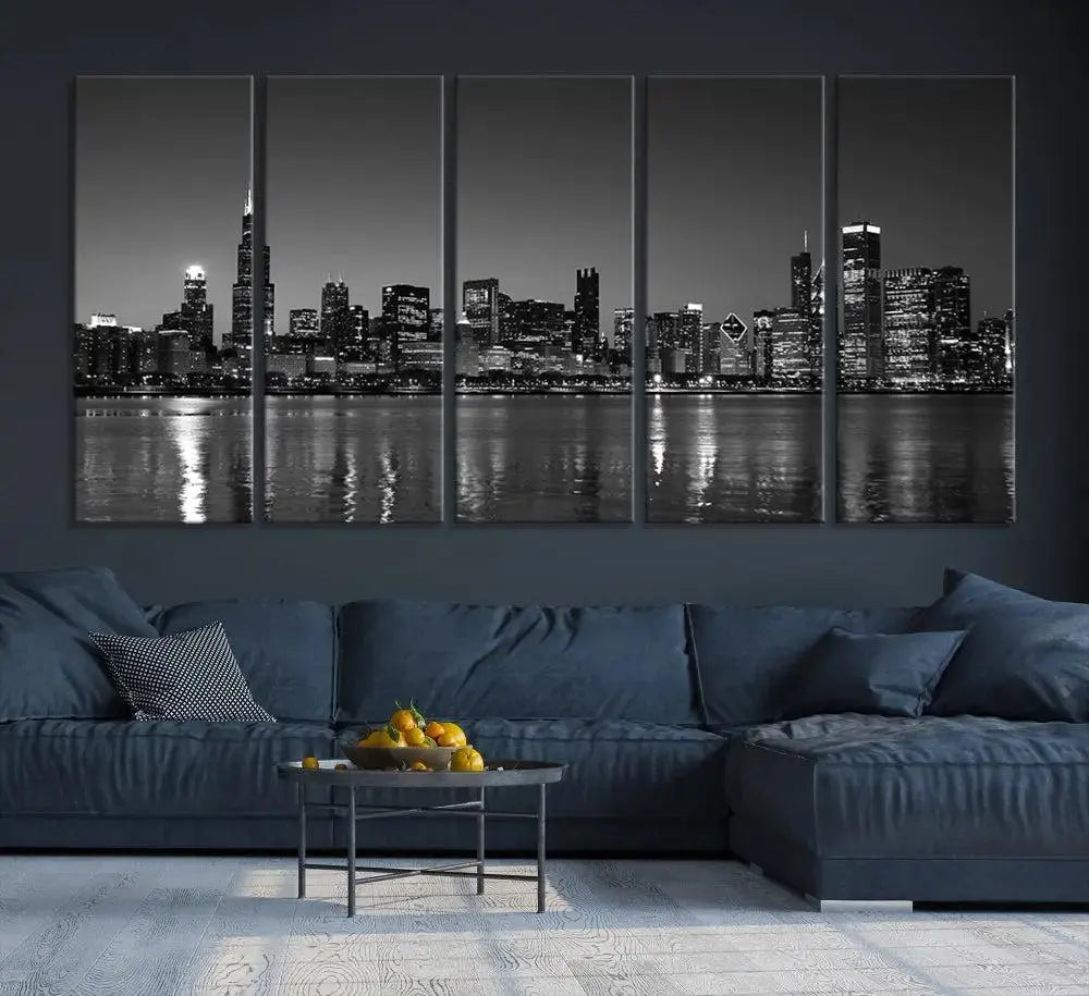 The Chicago Wall Art Canvas Print, a black and white triptych of a city skyline, adorns the space. This museum-quality canvas art arrives ready to hang, effortlessly merging sophistication with contemporary design.