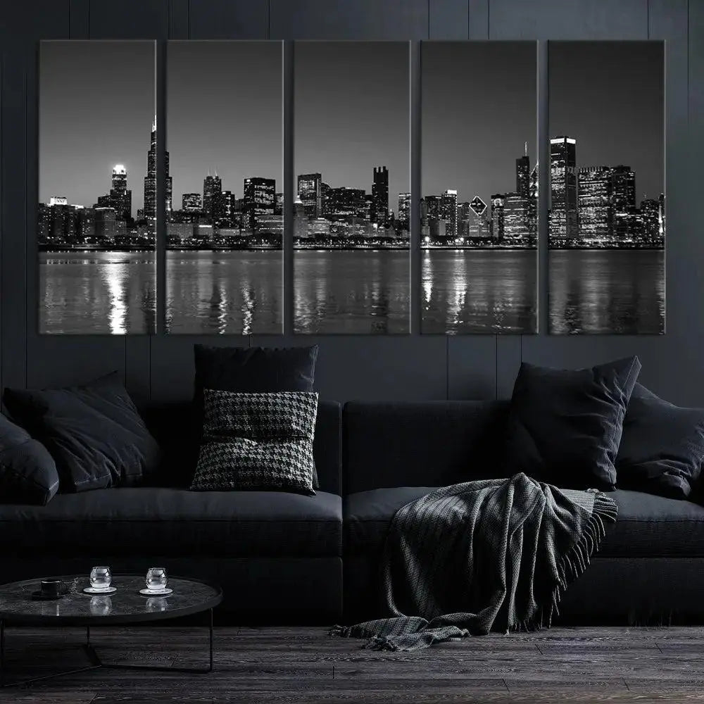 The Chicago Wall Art Canvas Print, a black and white triptych of a city skyline, adorns the space. This museum-quality canvas art arrives ready to hang, effortlessly merging sophistication with contemporary design.