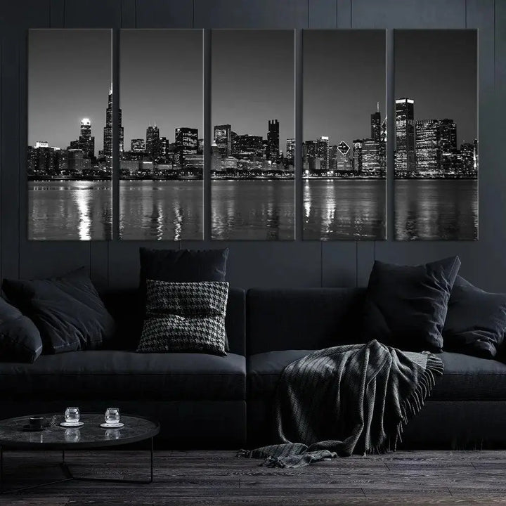 The Chicago Wall Art Canvas Print, a black and white triptych of a city skyline, adorns the space. This museum-quality canvas art arrives ready to hang, effortlessly merging sophistication with contemporary design.