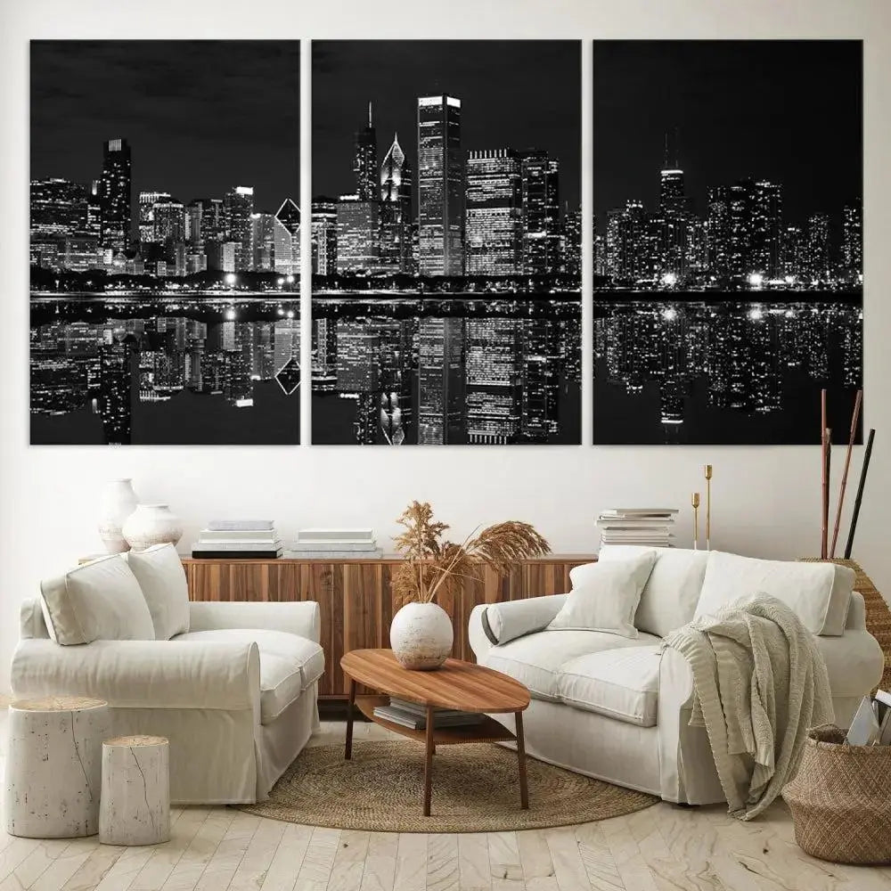 The modern living room is enhanced by the Chicago Wall Art Canvas Print, a black and white cityscape triptych with a gallery-wrapped design. Each piece features a museum-quality polycotton finish and UV-protective coating to ensure lasting elegance.