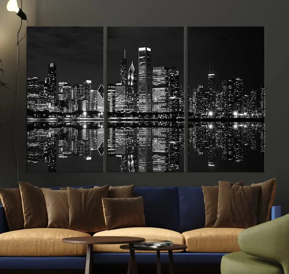 The modern living room is enhanced by the Chicago Wall Art Canvas Print, a black and white cityscape triptych with a gallery-wrapped design. Each piece features a museum-quality polycotton finish and UV-protective coating to ensure lasting elegance.