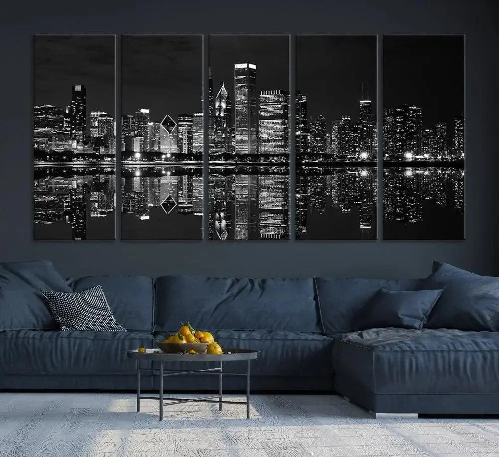 The modern living room is enhanced by the Chicago Wall Art Canvas Print, a black and white cityscape triptych with a gallery-wrapped design. Each piece features a museum-quality polycotton finish and UV-protective coating to ensure lasting elegance.