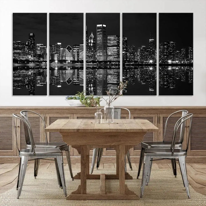 The modern living room is enhanced by the Chicago Wall Art Canvas Print, a black and white cityscape triptych with a gallery-wrapped design. Each piece features a museum-quality polycotton finish and UV-protective coating to ensure lasting elegance.