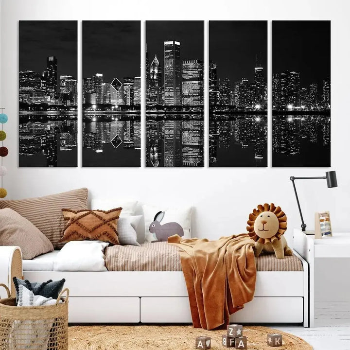 The modern living room is enhanced by the Chicago Wall Art Canvas Print, a black and white cityscape triptych with a gallery-wrapped design. Each piece features a museum-quality polycotton finish and UV-protective coating to ensure lasting elegance.