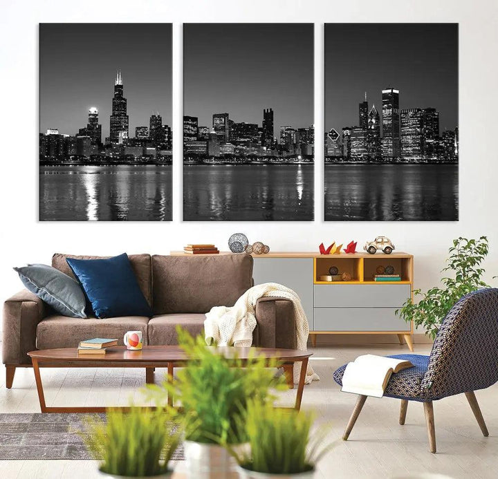 The Chicago Wall Art Canvas Print, a black and white triptych of a city skyline, adorns the space. This museum-quality canvas art arrives ready to hang, effortlessly merging sophistication with contemporary design.