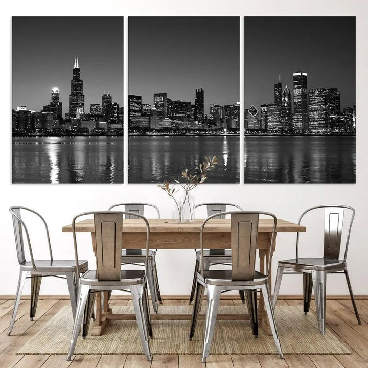 The Chicago Wall Art Canvas Print, a black and white triptych of a city skyline, adorns the space. This museum-quality canvas art arrives ready to hang, effortlessly merging sophistication with contemporary design.