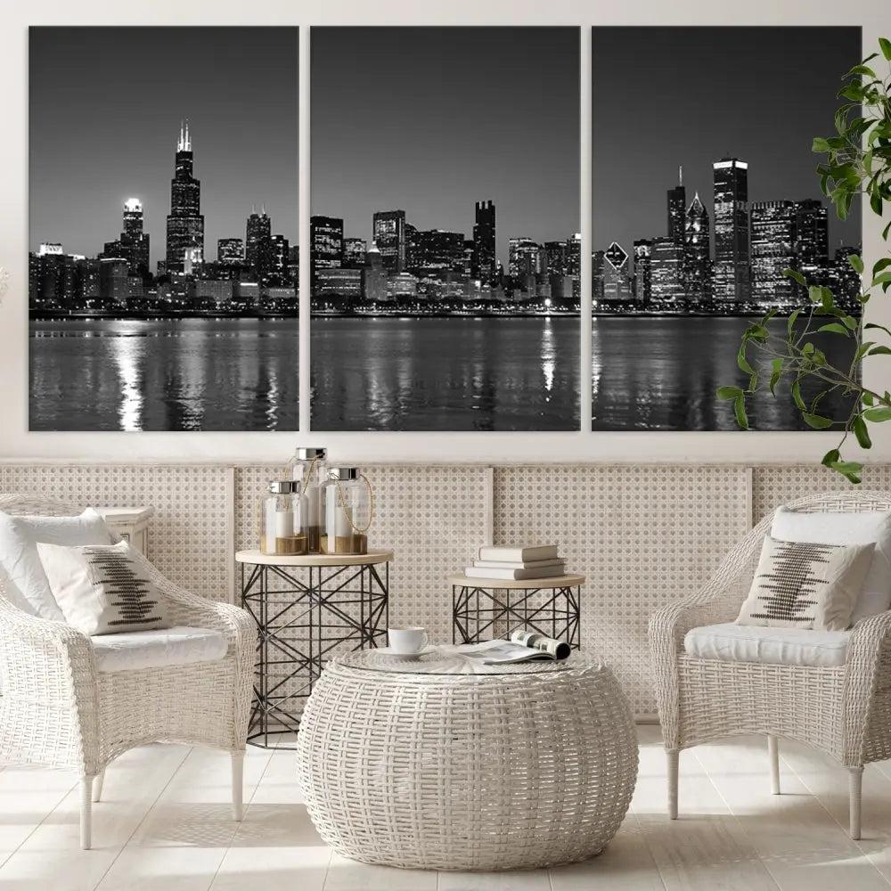 The Chicago Wall Art Canvas Print, a black and white triptych of a city skyline, adorns the space. This museum-quality canvas art arrives ready to hang, effortlessly merging sophistication with contemporary design.