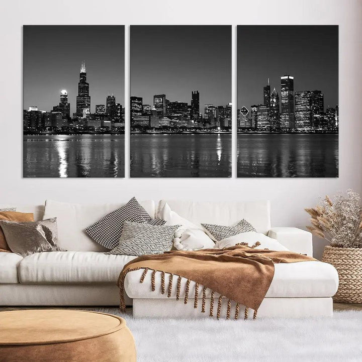 The Chicago Wall Art Canvas Print, a black and white triptych of a city skyline, adorns the space. This museum-quality canvas art arrives ready to hang, effortlessly merging sophistication with contemporary design.