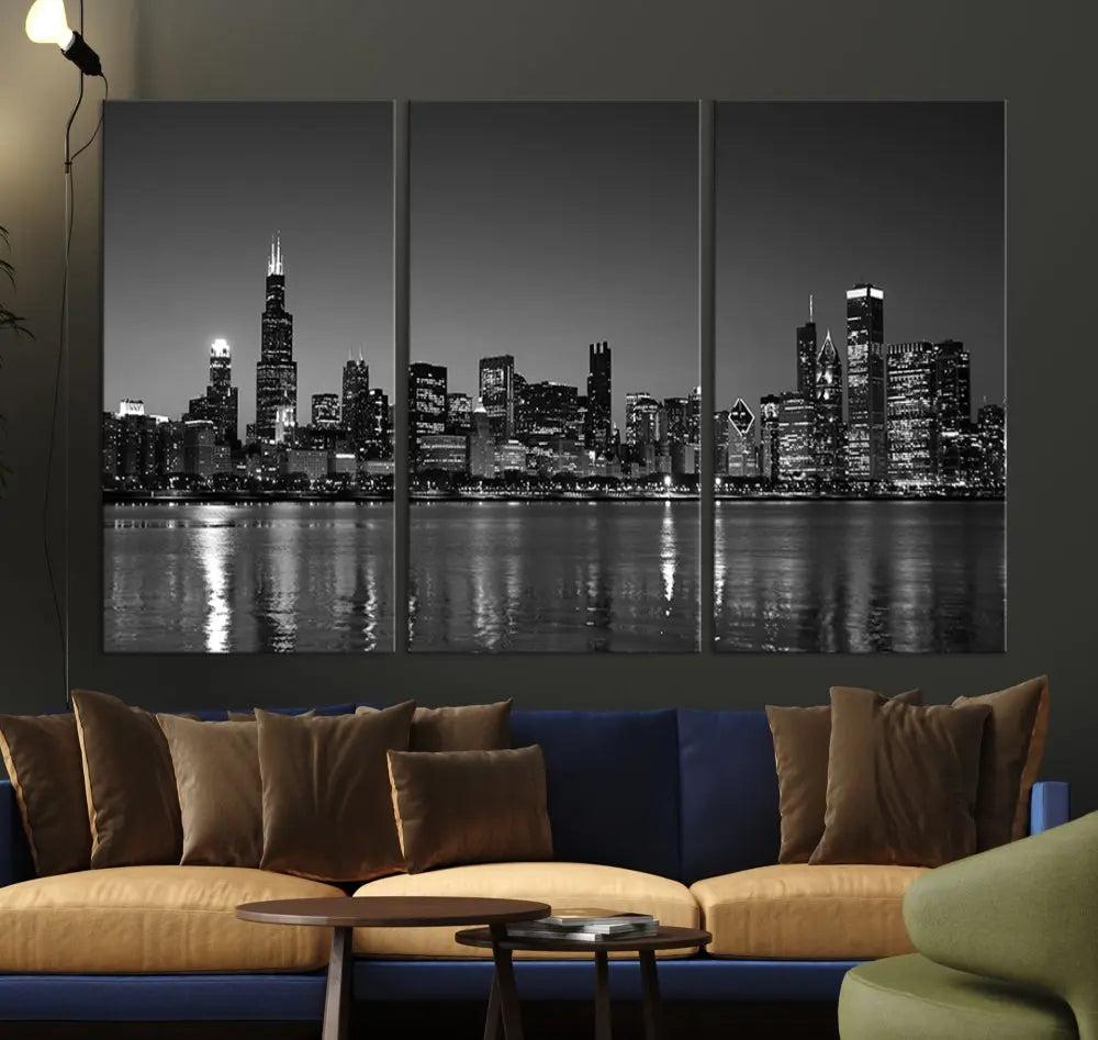 The Chicago Wall Art Canvas Print, a black and white triptych of a city skyline, adorns the space. This museum-quality canvas art arrives ready to hang, effortlessly merging sophistication with contemporary design.