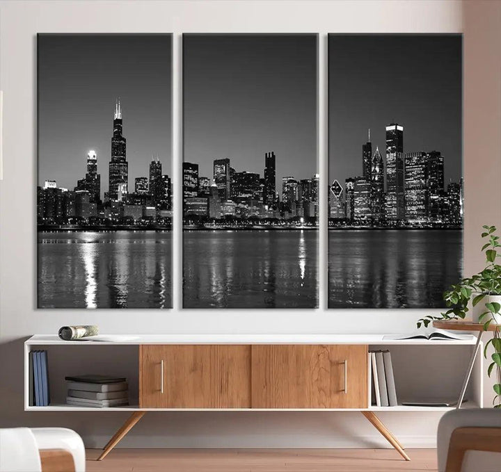 The Chicago Wall Art Canvas Print, a black and white triptych of a city skyline, adorns the space. This museum-quality canvas art arrives ready to hang, effortlessly merging sophistication with contemporary design.