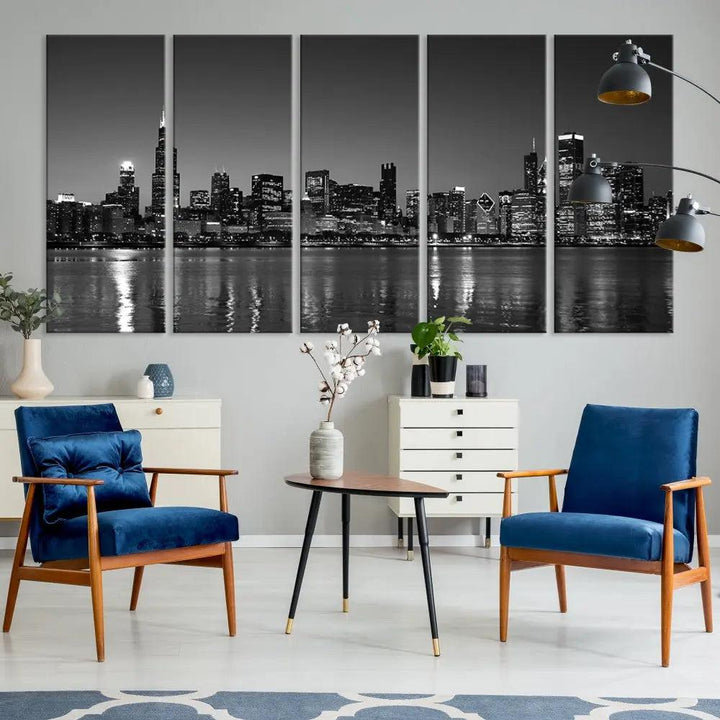 The Chicago Wall Art Canvas Print, a black and white triptych of a city skyline, adorns the space. This museum-quality canvas art arrives ready to hang, effortlessly merging sophistication with contemporary design.