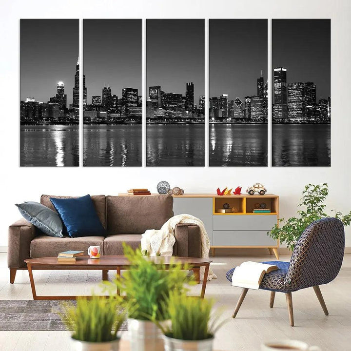 The Chicago Wall Art Canvas Print, a black and white triptych of a city skyline, adorns the space. This museum-quality canvas art arrives ready to hang, effortlessly merging sophistication with contemporary design.