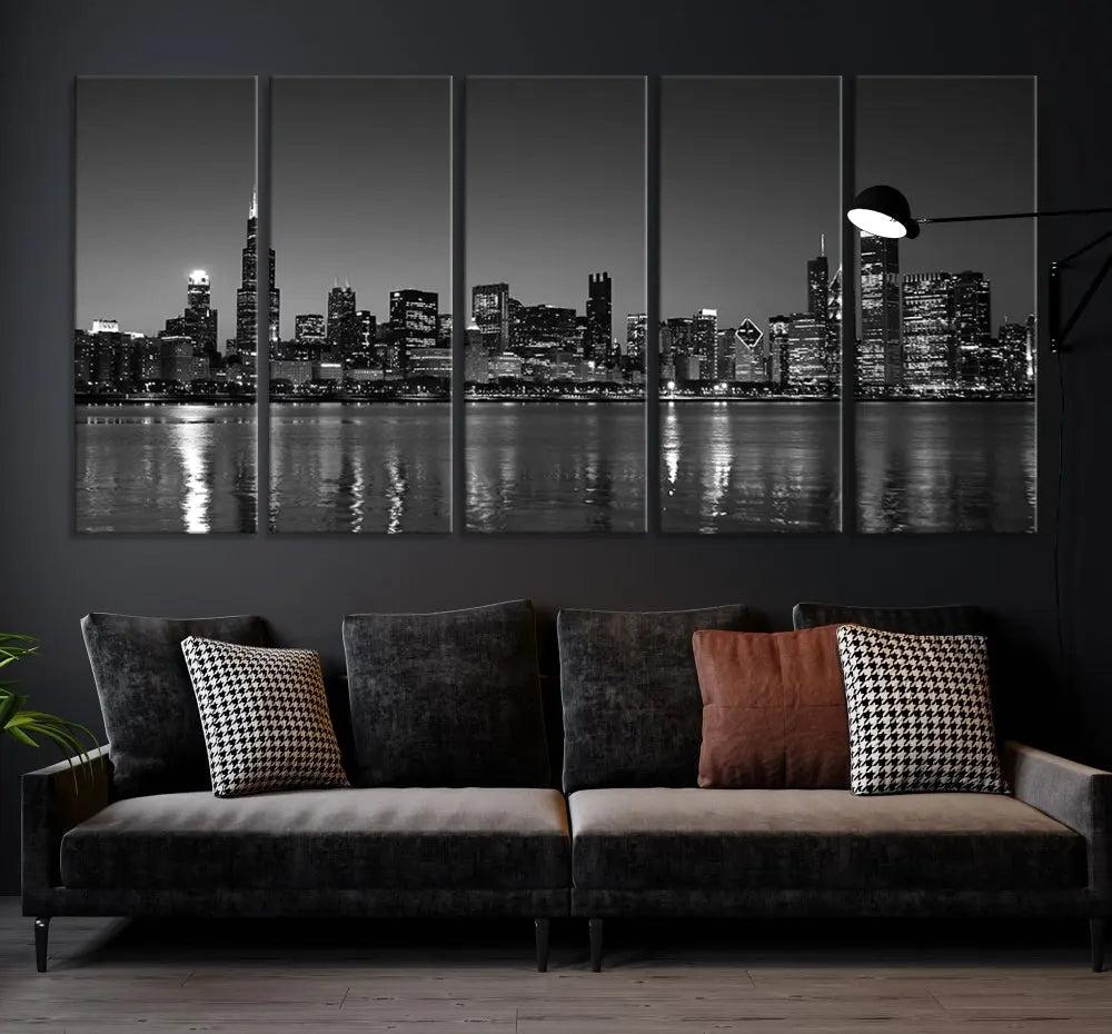 The Chicago Wall Art Canvas Print, a black and white triptych of a city skyline, adorns the space. This museum-quality canvas art arrives ready to hang, effortlessly merging sophistication with contemporary design.