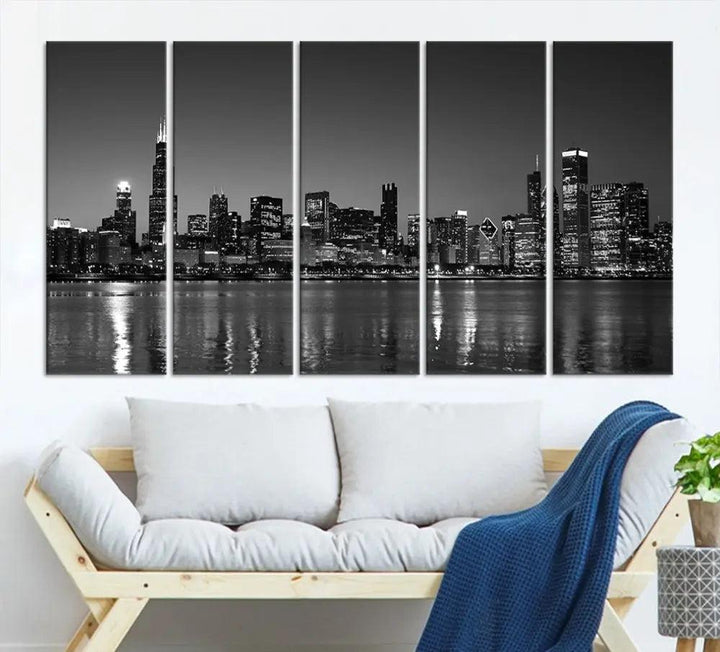 The Chicago Wall Art Canvas Print, a black and white triptych of a city skyline, adorns the space. This museum-quality canvas art arrives ready to hang, effortlessly merging sophistication with contemporary design.