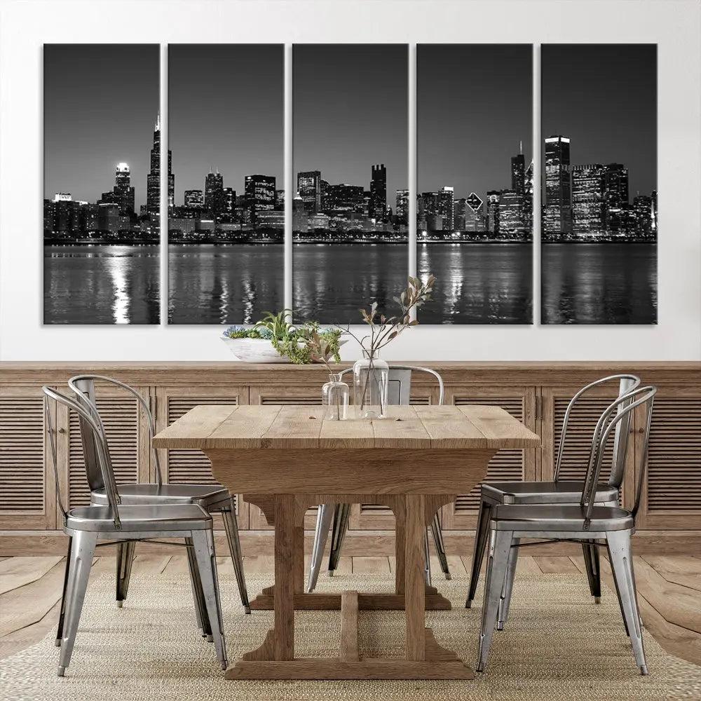 The Chicago Wall Art Canvas Print, a black and white triptych of a city skyline, adorns the space. This museum-quality canvas art arrives ready to hang, effortlessly merging sophistication with contemporary design.