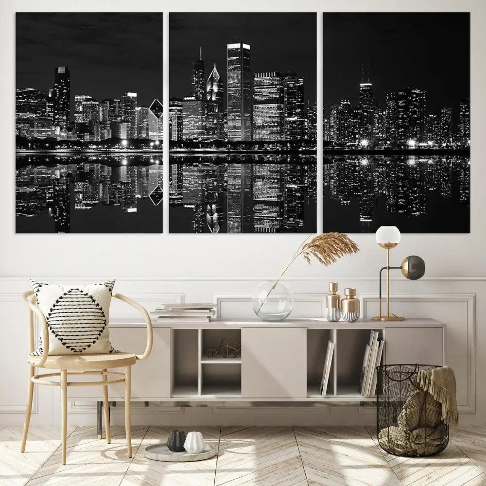 The modern living room is enhanced by the Chicago Wall Art Canvas Print, a black and white cityscape triptych with a gallery-wrapped design. Each piece features a museum-quality polycotton finish and UV-protective coating to ensure lasting elegance.