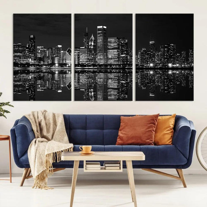 The modern living room is enhanced by the Chicago Wall Art Canvas Print, a black and white cityscape triptych with a gallery-wrapped design. Each piece features a museum-quality polycotton finish and UV-protective coating to ensure lasting elegance.