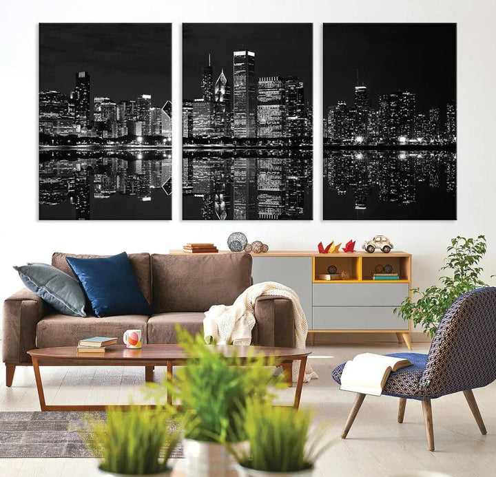 The modern living room is enhanced by the Chicago Wall Art Canvas Print, a black and white cityscape triptych with a gallery-wrapped design. Each piece features a museum-quality polycotton finish and UV-protective coating to ensure lasting elegance.