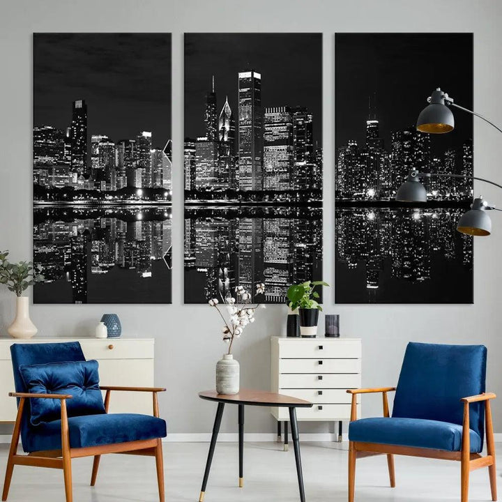 The modern living room is enhanced by the Chicago Wall Art Canvas Print, a black and white cityscape triptych with a gallery-wrapped design. Each piece features a museum-quality polycotton finish and UV-protective coating to ensure lasting elegance.