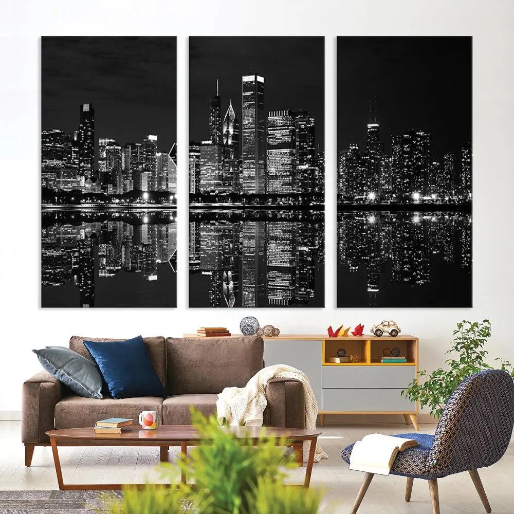 The modern living room is enhanced by the Chicago Wall Art Canvas Print, a black and white cityscape triptych with a gallery-wrapped design. Each piece features a museum-quality polycotton finish and UV-protective coating to ensure lasting elegance.