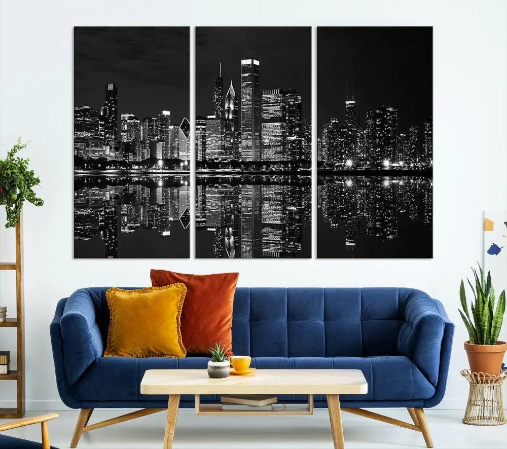 The modern living room is enhanced by the Chicago Wall Art Canvas Print, a black and white cityscape triptych with a gallery-wrapped design. Each piece features a museum-quality polycotton finish and UV-protective coating to ensure lasting elegance.