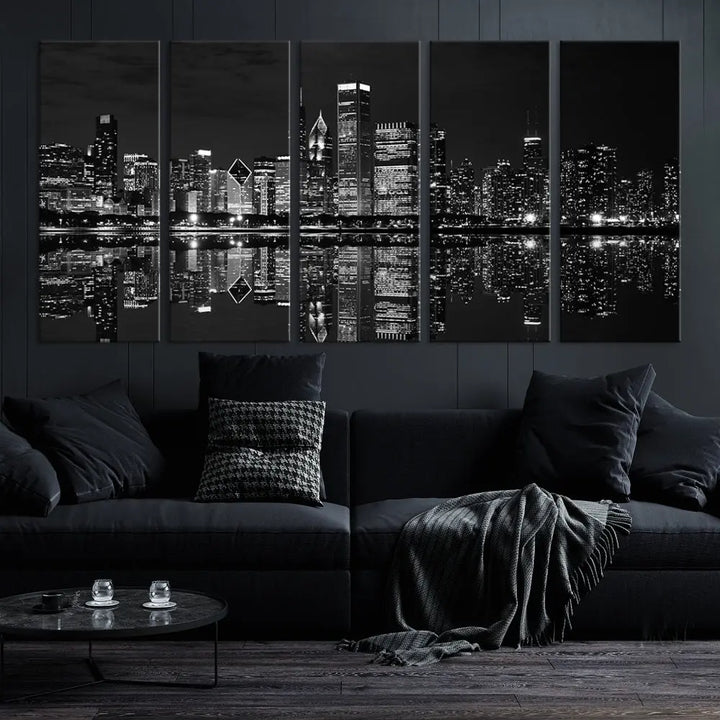 The modern living room is enhanced by the Chicago Wall Art Canvas Print, a black and white cityscape triptych with a gallery-wrapped design. Each piece features a museum-quality polycotton finish and UV-protective coating to ensure lasting elegance.