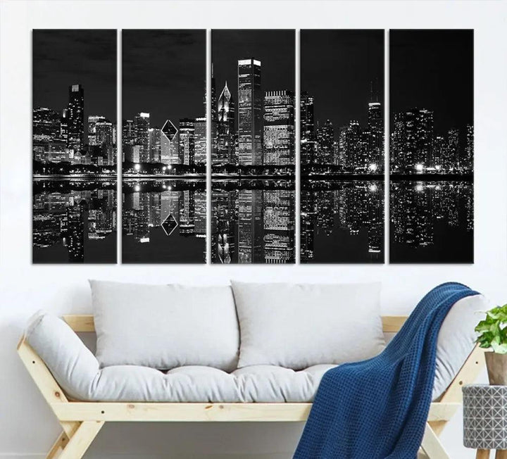 The modern living room is enhanced by the Chicago Wall Art Canvas Print, a black and white cityscape triptych with a gallery-wrapped design. Each piece features a museum-quality polycotton finish and UV-protective coating to ensure lasting elegance.