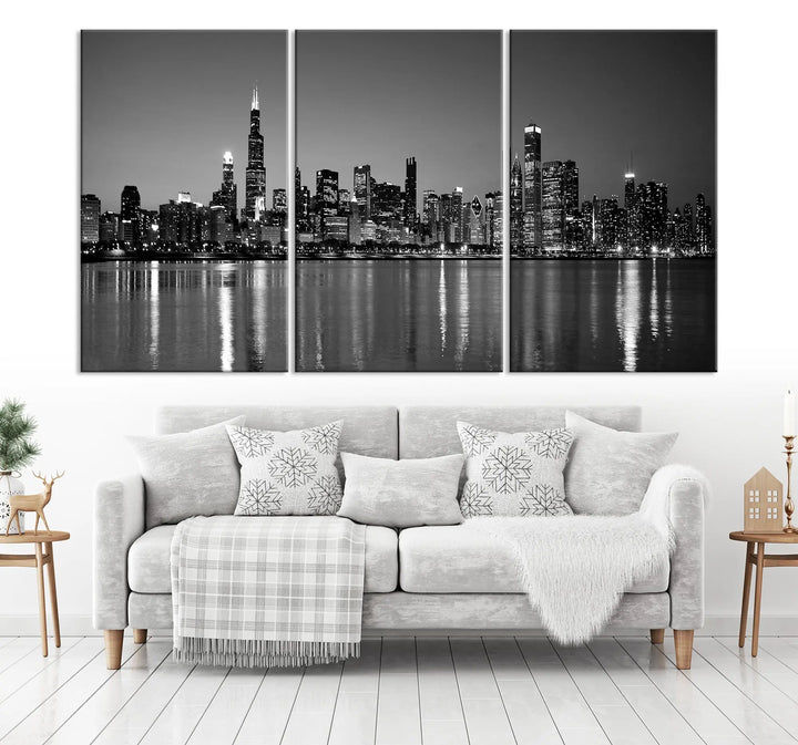 The Chicago Wall Art Canvas Print, featuring a city skyline at night, hangs prominently.