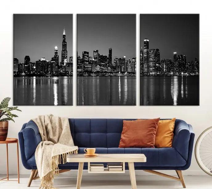 The Chicago Wall Art Canvas Print, featuring a city skyline at night, hangs prominently.