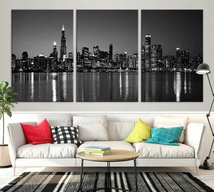 The Chicago Wall Art Canvas Print, featuring a city skyline at night, hangs prominently.