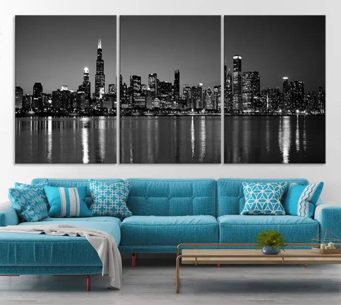 The Chicago Wall Art Canvas Print, featuring a city skyline at night, hangs prominently.