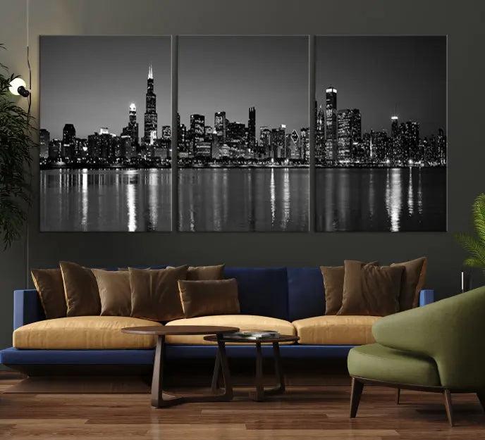 The Chicago Wall Art Canvas Print, featuring a city skyline at night, hangs prominently.