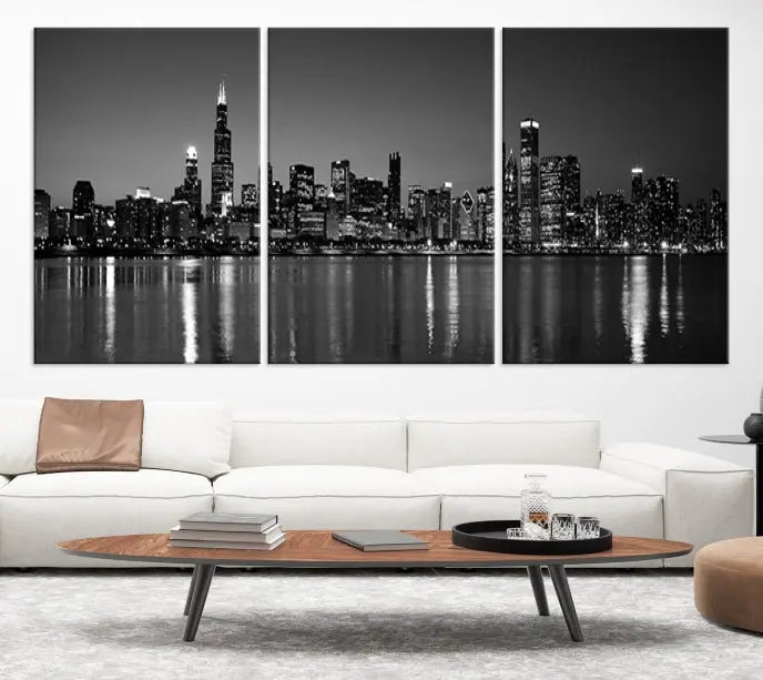 The Chicago Wall Art Canvas Print, featuring a city skyline at night, hangs prominently.