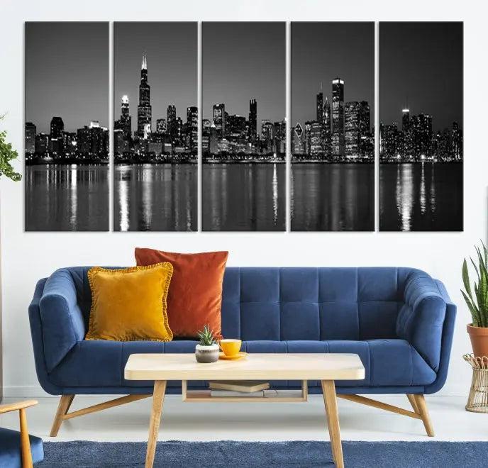 The Chicago Wall Art Canvas Print, featuring a city skyline at night, hangs prominently.