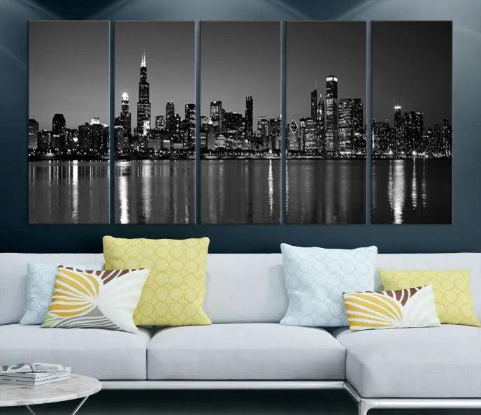 The Chicago Wall Art Canvas Print, featuring a city skyline at night, hangs prominently.