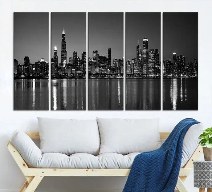 The Chicago Wall Art Canvas Print, featuring a city skyline at night, hangs prominently.