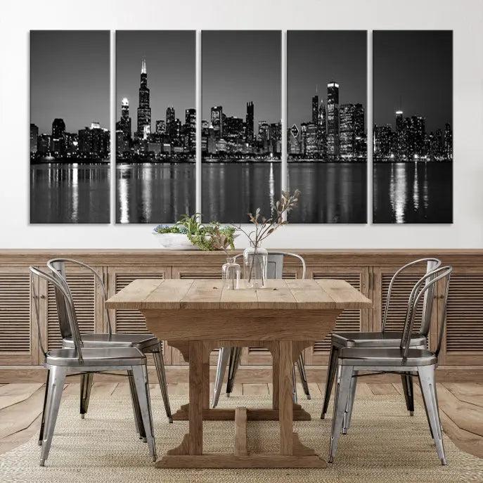 The Chicago Wall Art Canvas Print, featuring a city skyline at night, hangs prominently.