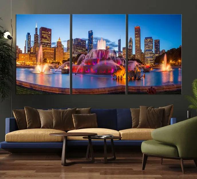 Above the sofa is a triptych featuring the "Chicago Wall Art Canvas Print Chicago City Night Canvas Print," showcasing a cityscape with a fountain at dusk. Each piece is presented on gallery-wrapped, museum-quality canvases that enhance the artwork's presence and ensure its longevity.