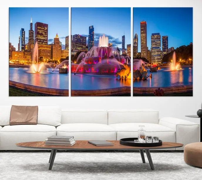 Above the sofa is a triptych featuring the "Chicago Wall Art Canvas Print Chicago City Night Canvas Print," showcasing a cityscape with a fountain at dusk. Each piece is presented on gallery-wrapped, museum-quality canvases that enhance the artwork's presence and ensure its longevity.