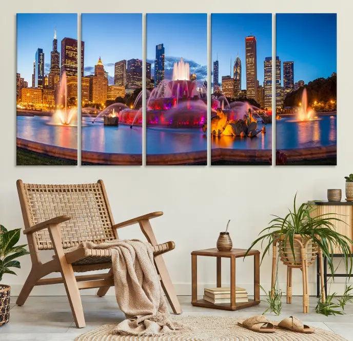 Above the sofa is a triptych featuring the "Chicago Wall Art Canvas Print Chicago City Night Canvas Print," showcasing a cityscape with a fountain at dusk. Each piece is presented on gallery-wrapped, museum-quality canvases that enhance the artwork's presence and ensure its longevity.