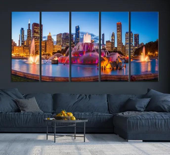 Above the sofa is a triptych featuring the "Chicago Wall Art Canvas Print Chicago City Night Canvas Print," showcasing a cityscape with a fountain at dusk. Each piece is presented on gallery-wrapped, museum-quality canvases that enhance the artwork's presence and ensure its longevity.