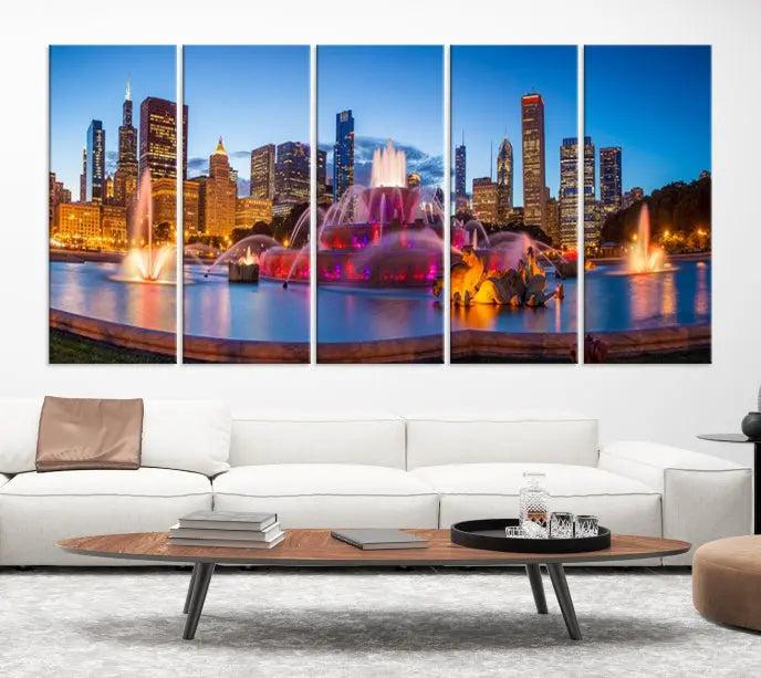 Above the sofa is a triptych featuring the "Chicago Wall Art Canvas Print Chicago City Night Canvas Print," showcasing a cityscape with a fountain at dusk. Each piece is presented on gallery-wrapped, museum-quality canvases that enhance the artwork's presence and ensure its longevity.