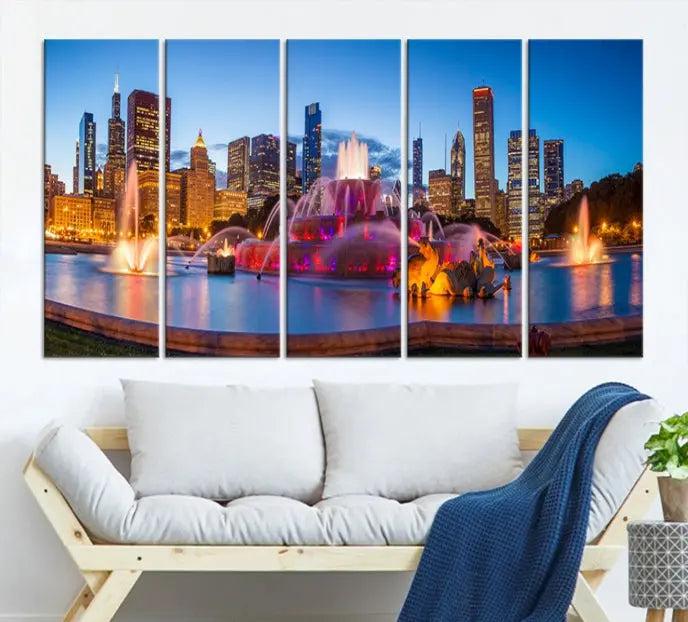 Above the sofa is a triptych featuring the "Chicago Wall Art Canvas Print Chicago City Night Canvas Print," showcasing a cityscape with a fountain at dusk. Each piece is presented on gallery-wrapped, museum-quality canvases that enhance the artwork's presence and ensure its longevity.