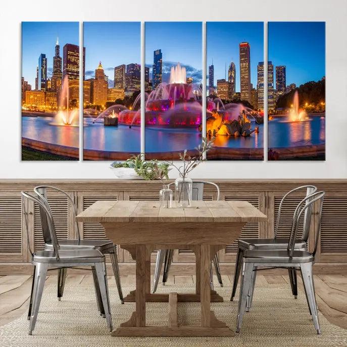 Above the sofa is a triptych featuring the "Chicago Wall Art Canvas Print Chicago City Night Canvas Print," showcasing a cityscape with a fountain at dusk. Each piece is presented on gallery-wrapped, museum-quality canvases that enhance the artwork's presence and ensure its longevity.