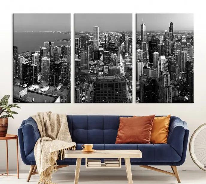 The Chicago Wall Art Canvas Print showcases a striking black and white cityscape of the city at night.